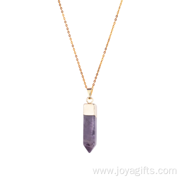 Natural Gemstone Healing Almethyst Pendant Hexagonal Prism with Gold Chain